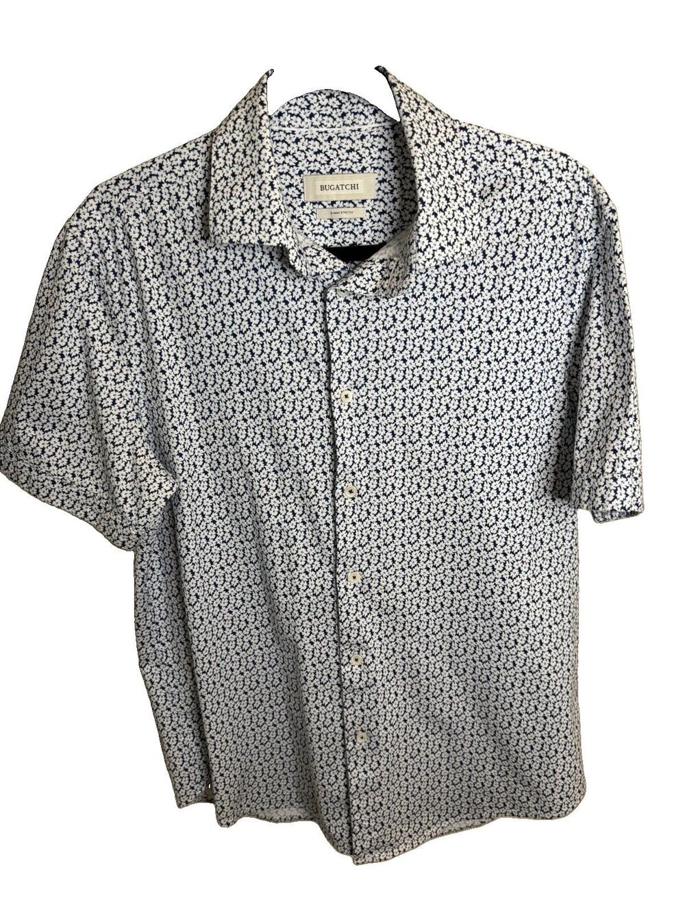 Bugatchi 8-Way Stretch Men’s Short Sleeve Shirt Blue White Floral Button Up. Med